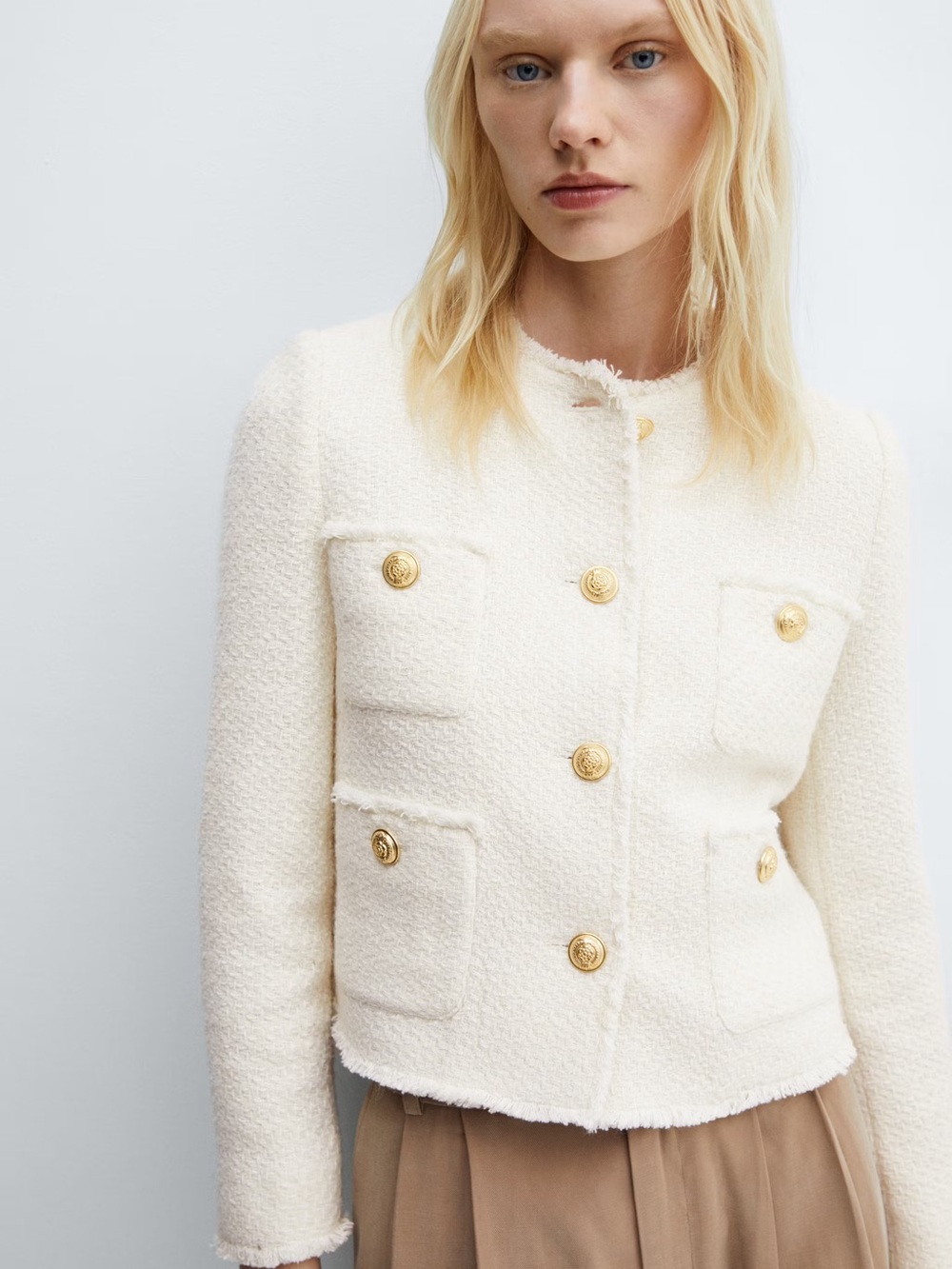 Mango Cream Tweed Jacket Gold Buttons Size Small Classic Lady Jacket